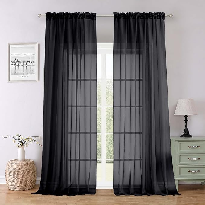 Lecloud Black Sheer Curtains 96 Inches Long 2 Panels, Solid Airy Voile Dual Rod by Lecloud