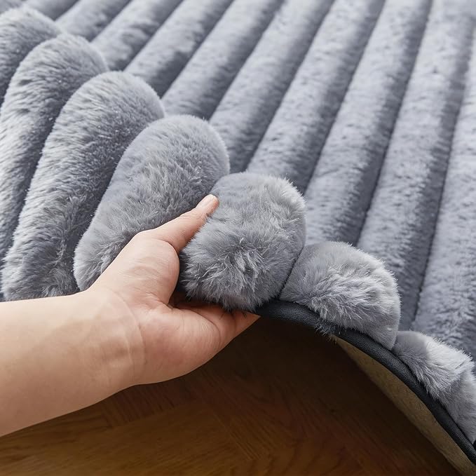 Blue Grey Rabbit Striped Plush Rug 4'x6', Fluffy Shaggy Area Rug - Image 3
