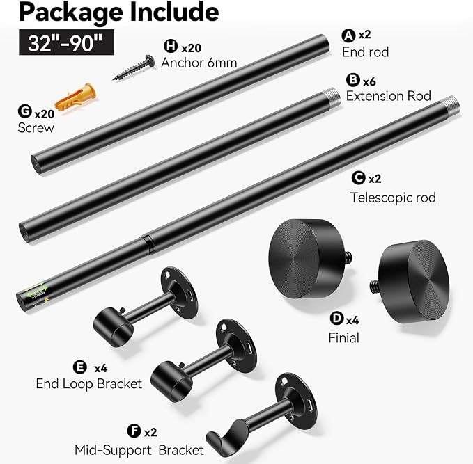 YaFex 2 Pack Heavy Duty Curtain Rods 32-90 Inch, 1 Inch Adjustable Black - Image 7