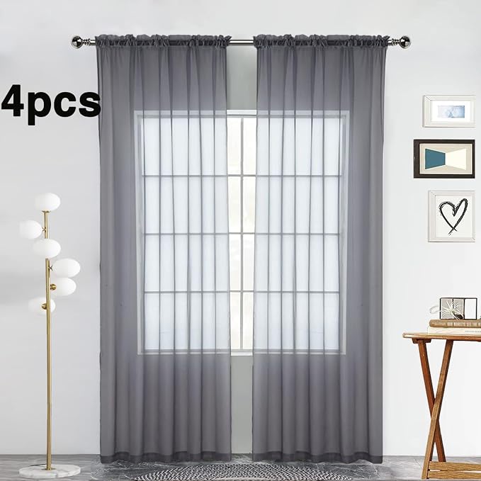 SpaceDresser Grey Sheer Curtains 4 Panels Rod Pocket Semi-Sheer Curtain 72 - Image 2