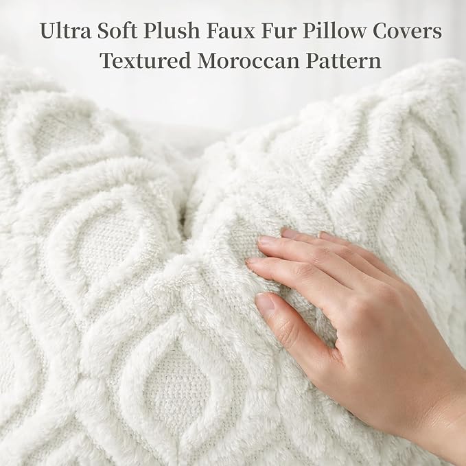 decorUhome Throw Pillow Covers 12x20 Inch Set of 2, Soft Plush Faux Wool Cream - Image 2