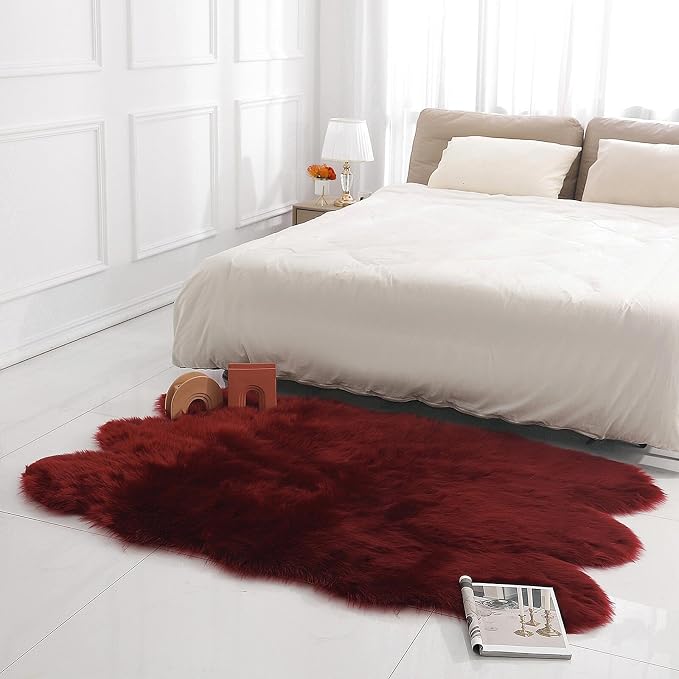 linmopm Faux Fur Rug Sheepskin Shag Fluffy Fuzzy Red 4x6 ft Rugs - Image 2