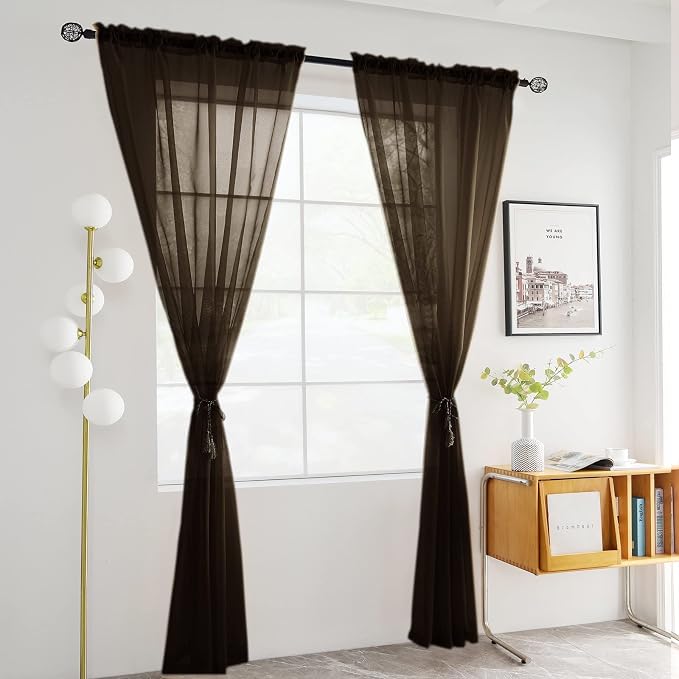youleyar Solid Sheer Rod Pocket Curtain Voile Draperies 2 Panels White Beige - Image 2