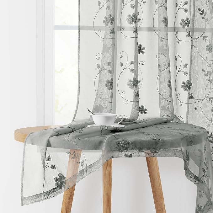 HOMEIDEAS Grey Sheer Curtains 96 Inches Long 2 Panels Embroidered Floral by HOMEIDEAS