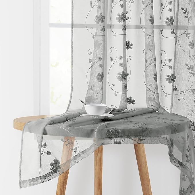 HOMEIDEAS Grey Sheer Curtains 63 Inches Long 2 Panels Embroidered Floral by HOMEIDEAS