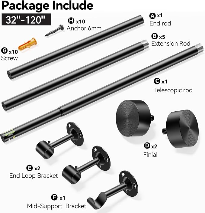 YaFex Heavy Duty Curtain Rods 32-120 Inch, 1 Inch Adjustable Black Curtain Rod - Image 7