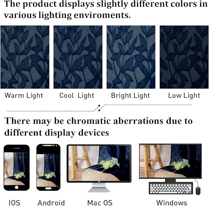 Lecloud Leia Navy Blue Sheer Curtains 72 Inches Long 2 Panels, Jacquard Leaf - Image 2
