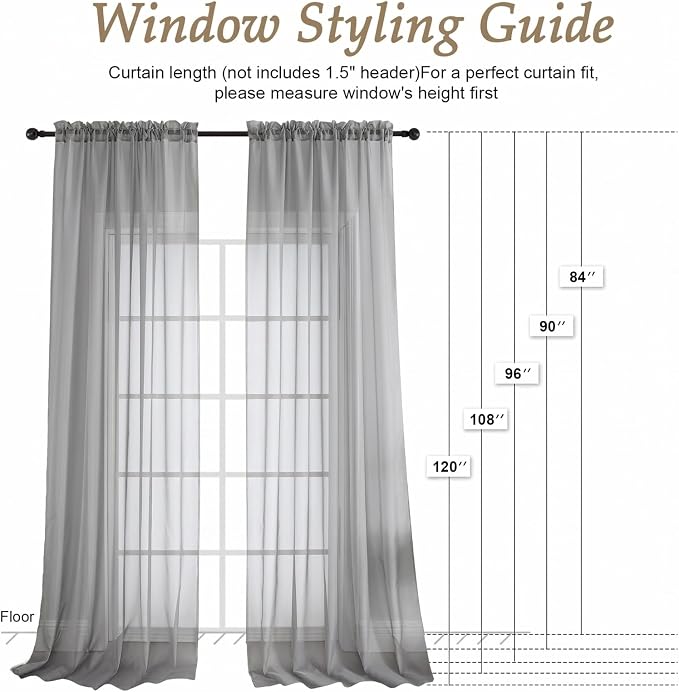 Charcoal Grey Sheer Curtains 63 Inches Long 2 Panels Set, Light Filtering Sheer - Image 2