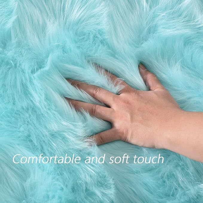 Latepis Light Blue Fur Round Rug 3ft Faux Sheepskin Circle Rug - Image 4
