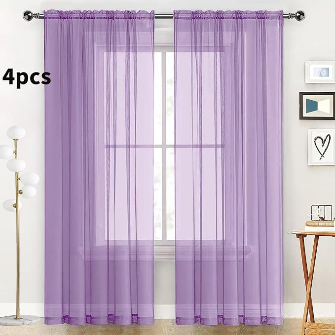 SpaceDresser Lavender Sheer Curtains 4 Panels Rod Pocket Semi-Sheer Curtain 108 - Image 2