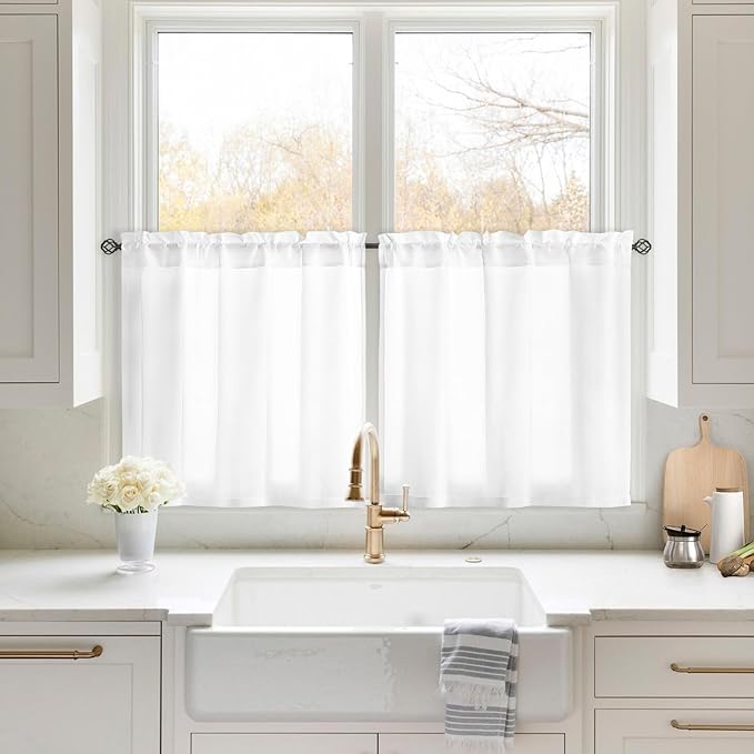 HOMEIDEAS Non-See-Through White Privacy Sheer Kitchen Curtains 30 X 24 Inches by HOMEIDEAS