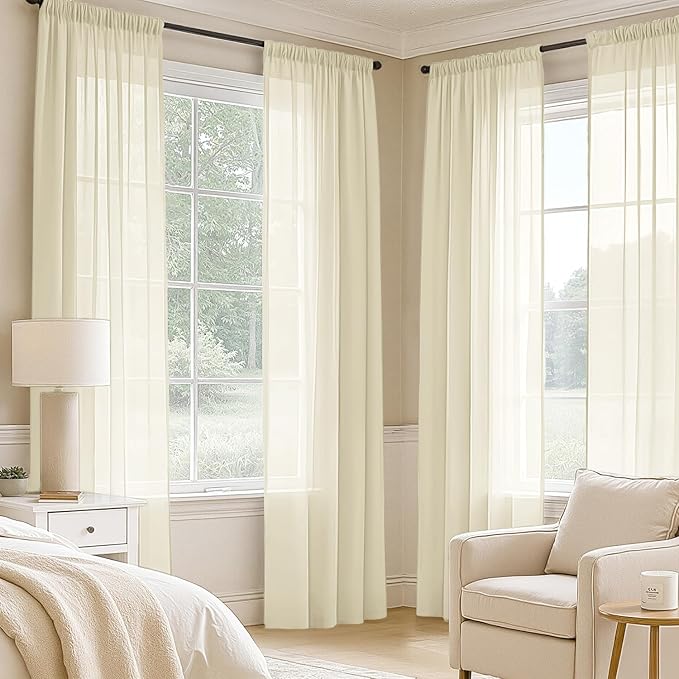 MIULEE Light Cream Sheer Curtains 102 Inches Long, 4 Panels Set, Light - Image 2