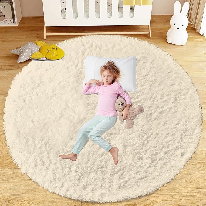 Cream White Round Rugs for Bedroom: 4ft Circle Fluffy Shag Soft Washable Rug by VECARF