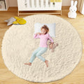 Cream White Round Rugs for Bedroom: 4ft Circle Fluffy Shag Soft Washable Rug by VECARF