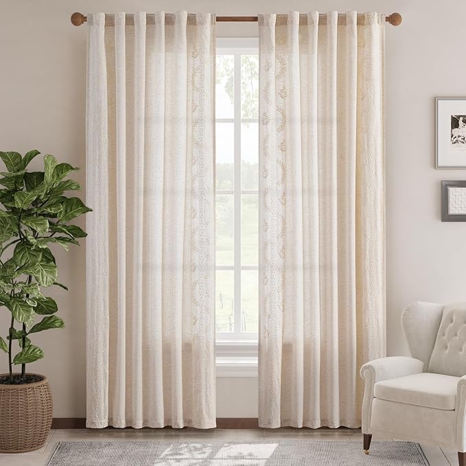 jinchan Belrose Linen Curtains for Bedroom Floral Curtains 90 Inch Length Linen - Image 2