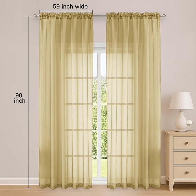 OWENIE Gold Sheer Curtain 90 Inches Long 2 Panels Set, Solid Filmy Drapes - Image 2