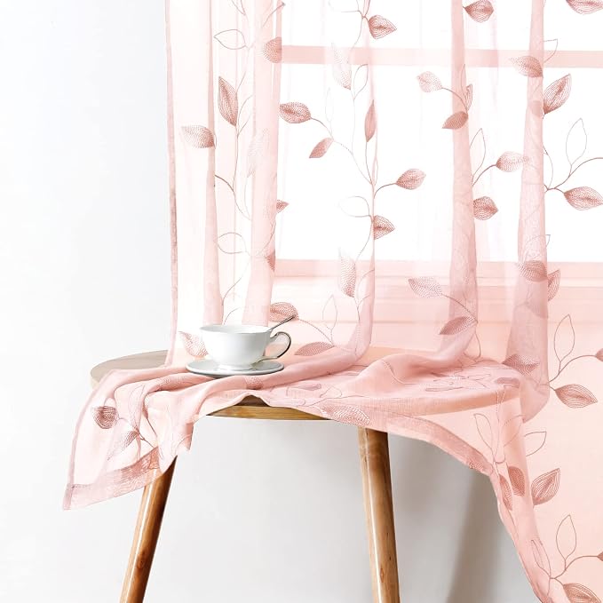 HOMEIDEAS Blush Pink Sheer Curtains 52 X 84 Inches Length 2 Panels Embroidered - Image 7