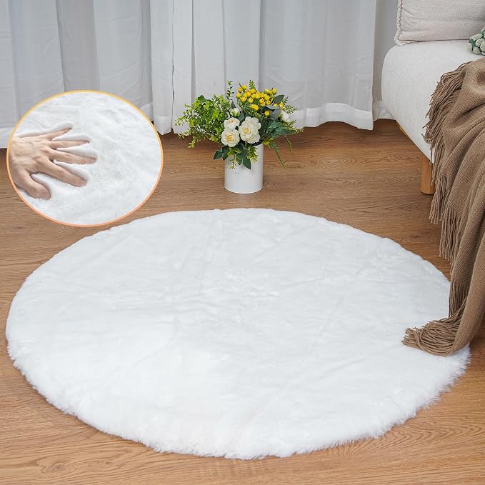 ORINOVA White Faux Rabbit Washable Fur Area Rugs Circle Rugs by ORINOVA