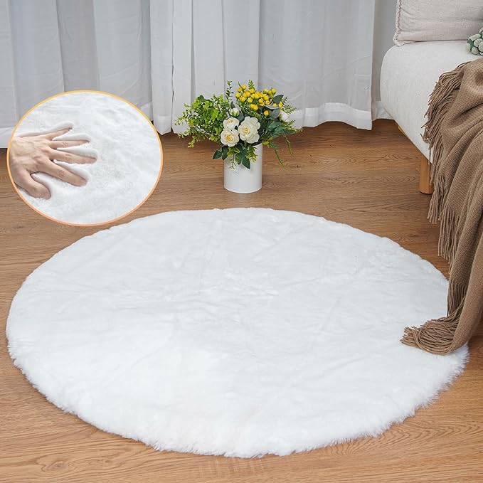 ORINOVA White Faux Fur Round Rug 4ft Fluffy Rabbit Fur Rug Machine Washable - Image 3