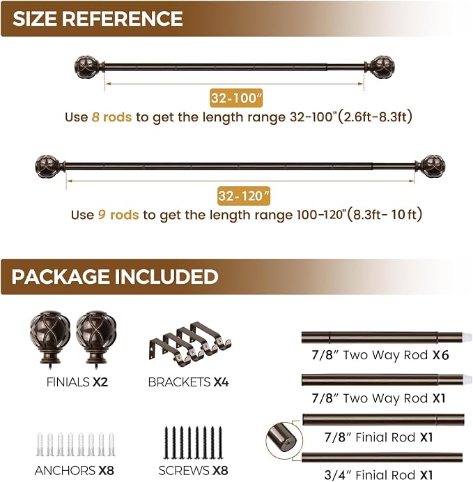 KAMANINA Curtain Rods for Windows 66 to 120 Inch, 7/8 Inch Antique Bronze Heavy - Image 9