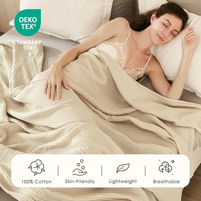 EMME Cotton Blanket King Size for Bed Soft Muslin Blankets 108"x90" Beige - Image 2