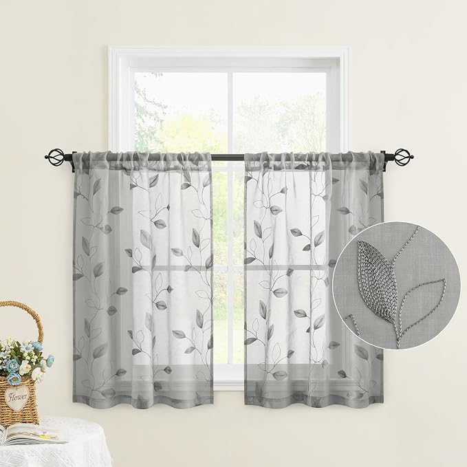 HOMEIDEAS Grey Sheer Kitchen Curtains 30 X 24 Inch Length 2 Panels Embroidered by HOMEIDEAS