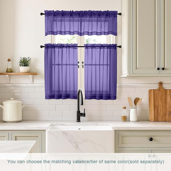 Purple Valances for Windows 14 inch Length 2 Panels Set, Small Voile Sheer - Image 2