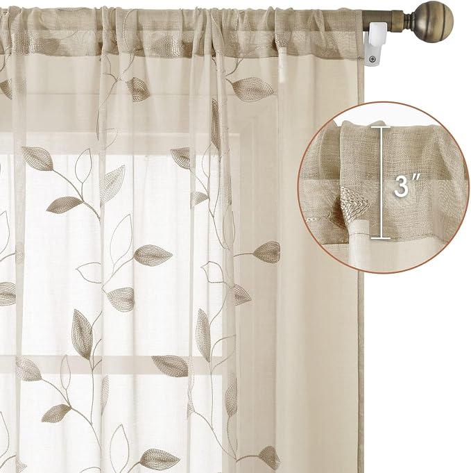 HOMEIDEAS Taupe Sheer Kitchen Curtains 52 x 45 Inch Length 2 Panels Beige - Image 3
