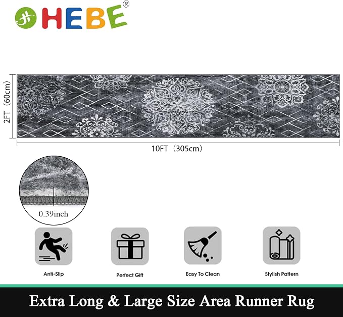 HEBE Hallway Runner Rug 2'x10' Washable Vintage Distressed Area Rugs Non Slip - Image 2