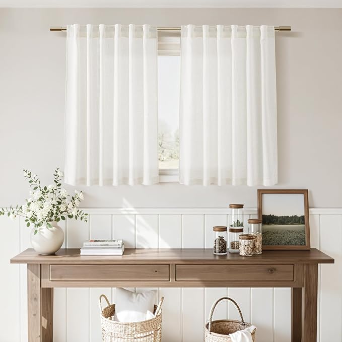 Beige White Linen Curtains for Kitchen Windows Over Sink Neutral 30 Inch Length - Image 7
