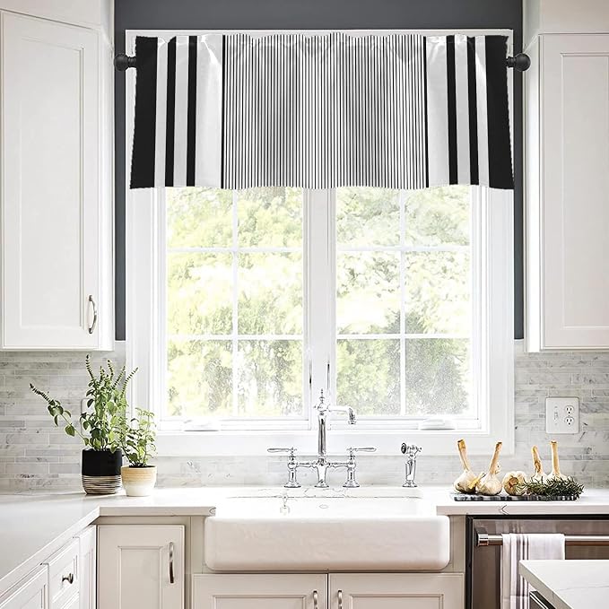 Emvency 2 Pack Valances Window Treatments, Striped Geometric Minimalist Black - Image 7