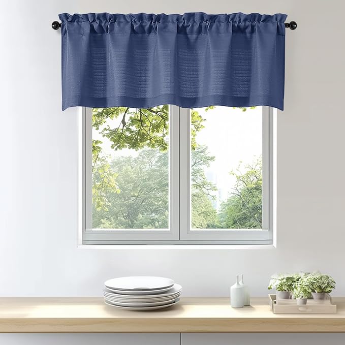 OWENIE Bob 1 PCS Blue Valances for Windows, Faux Linen Textured Kitchen Window by OWENIE