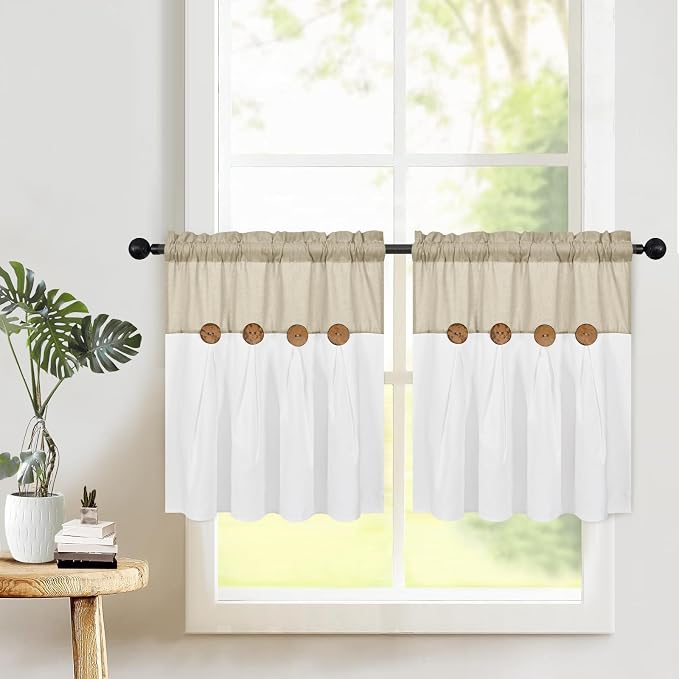 Boho Kitchen Curtains 24 Inch Length, Farmhouse Cotton Linen Tier Curtains - Image 2