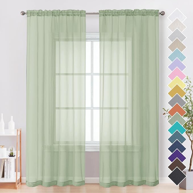 OVZME Light Green Sheer Curtains 90 Inches Long 2 Panels by OVZME