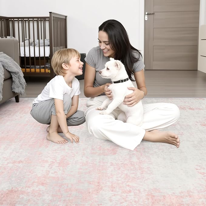3x10 Washable Runner Rug：Modern Abstract Soft Carpet Pink White | - Image 2