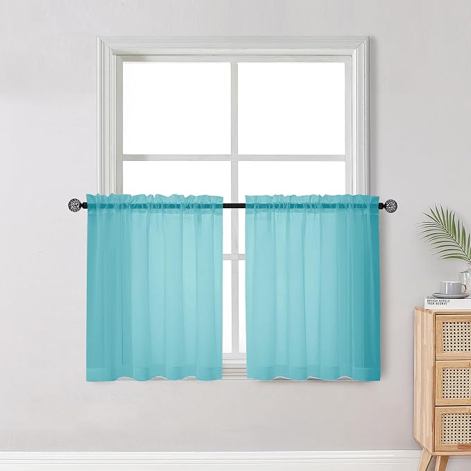 OWENIE Short Aqua Sheer Curtains 30 Inch Length 2 Panels Set, Kitchen Curtains by OWENIE