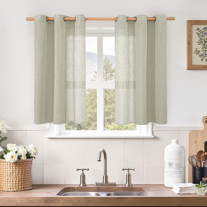 LAMIT Short Linen Curtains 40 Inch Length, Sage Grey Small Window Semi Sheer by LAMIT