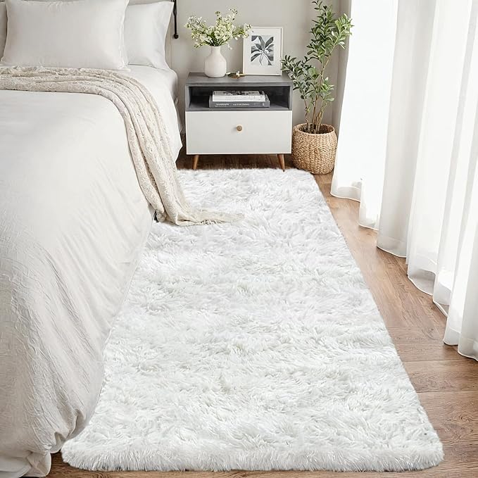 2x6 Bedside Area Rugs for Bedroom: Soft Fluffy Shag White Rug for Hallway by CarpetAddColortoYourLife