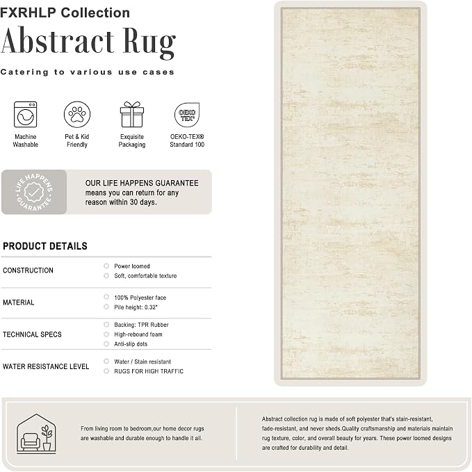 3x14 Washable Runner Rug：Modern Abstract Kitchen Soft Carpet Beige | - Image 2