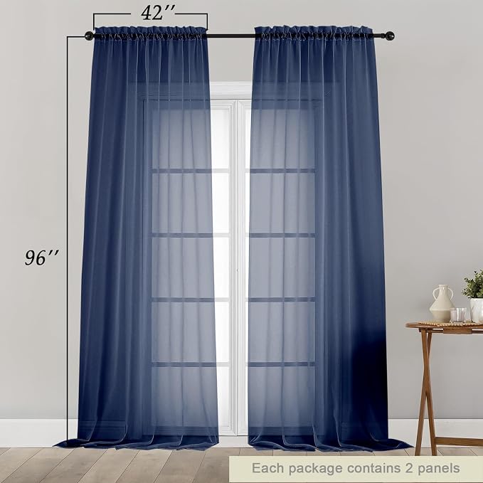 Navy Blue Sheer Curtains for Bedroom Living Room 96 Inches Long 2 Panels - Image 2