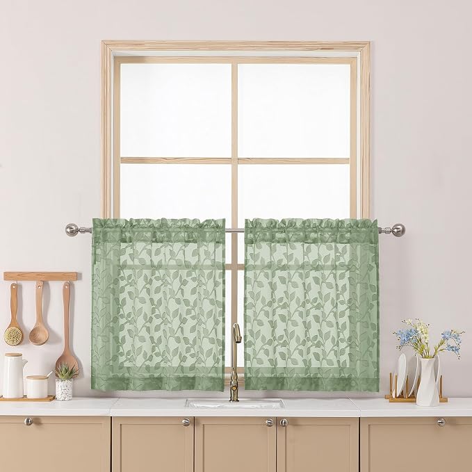Chyhomenyc Sage Green Sheer Curtains 24 Inch Length, Light Filtering Leaf by Chyhomenyc