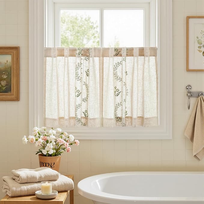 jinchan Belrose Linen Floral Kitchen Curtains 24 inch Length Embroidered - Image 9