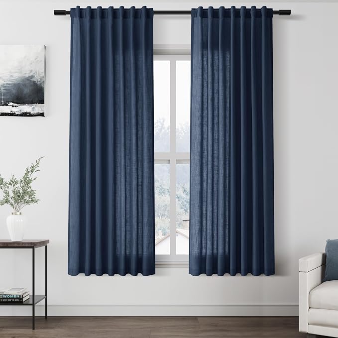 Denim Blue Linen Curtains for Living Room 63 Inches Long 2 Panel Set Light by Nanspring