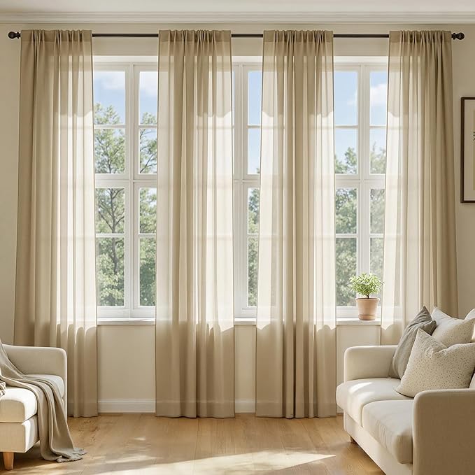 MIULEE Beige Sheer Curtains 90 Inches Long, 4 Panels Set, Rod Pocket Voile by MIULEE