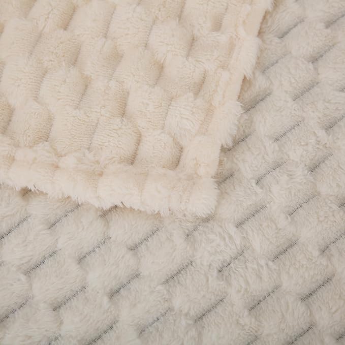 Cream White Throw Blanket 50"×60" inches Fuzzy 3D Jacquard Decorative Flannel - Image 7