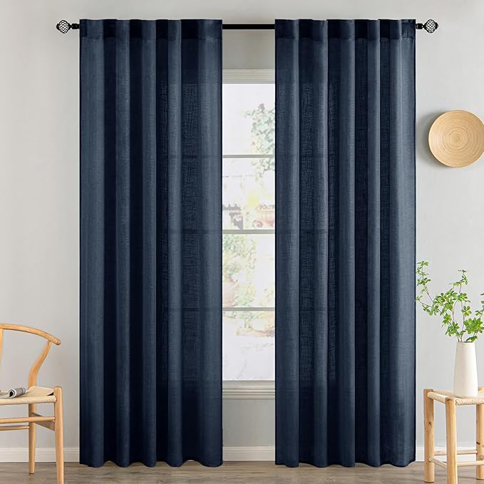 MIULEE Navy Blue Linen Curtains 84 Inch Length 2 Panels by MIULEE