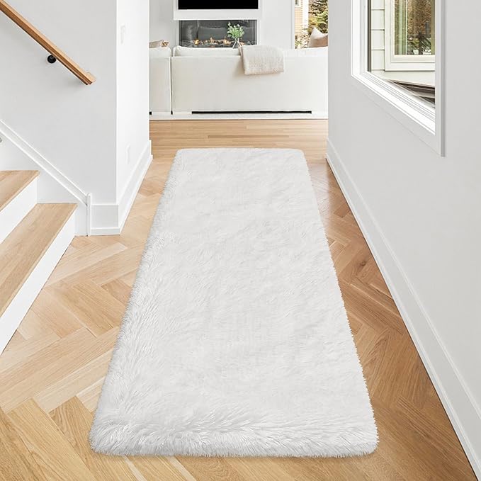 Runner Rug for Bedroom White 2x5ft Fluffy Area Rug Bedside Runner Rug for Kids - Image 2