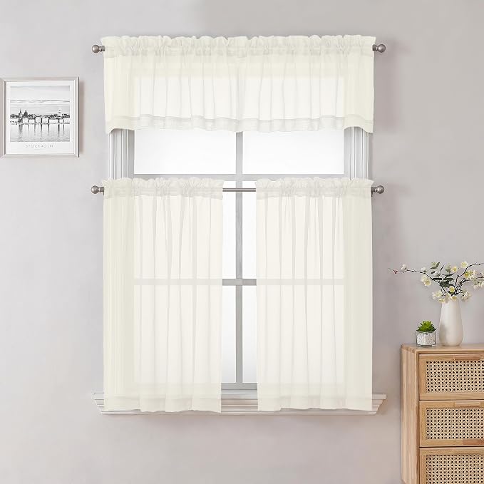 Lecloud Ivory Sheer Curtains Tiers 36 Inch Length Set of 2, Voile Kitchen - Image 8