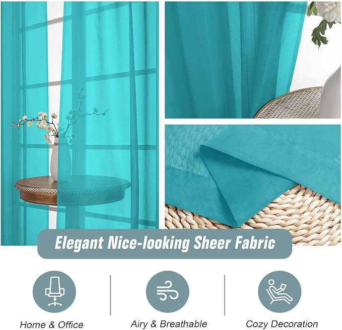 Turquoise Sheer Curtains for Window 96 Inches Long 2 Panels, Soft Airy Light - Image 4