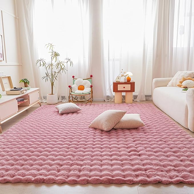 Pink Rabbit Plush Rug 8'x10', Fluffy Faux Fur Shaggy Area Rug by CHOVY
